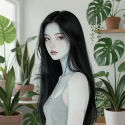 a room full of beautiful house plants and a pretty woman with pale skin, long black hair, abstract, beautiful digital art trending on artstation