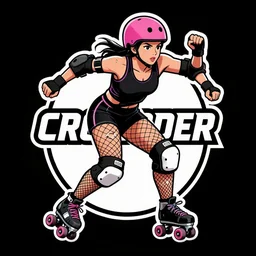 logo design, roller derby girl sprinting Cross-Over, wearing skate helmet, knee pads, elbow pads,full length portrait, fishnet tights, torn, ripped, fists in the air, illustration by Eduardo Risso and greg rutkowski
