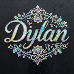 the name Dylan painted on a black wall, insanely detailed and intricate, opalescent colors, elegant, ornate, matte painting, cinematic, cgsociety, miyazaki, vivid and vibrant