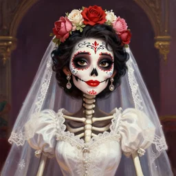 cute & beautiful smiling mexican undead skeleton girl with red lips dressed as a bride looking at the viewer, elegant, digital art, fantasy, pixar style, painting, pin up, highly detailed, artstation, art by artgerm, vrubel, boris vallejo and ilya kuvshinov