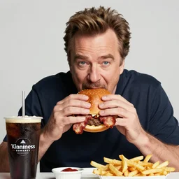 kevin bacon portrait eating bacon burger soda fries, award winning food photography
