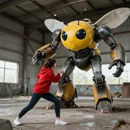 girl wearing red hoodie fights giant evil robot bee in a disused warehouse
