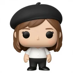 Elmiira; funko pop of girl with short brown hairm, wearing a beret; white shirt; funko pop
