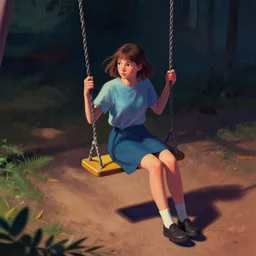 ((((editorial illustration by Mads Berg and Karolis Strautniekas)))), colorful, (((((portrait of a lonely girl on the swings))))), fine texture, detailed,  stark shadows, (((dramatic lighting))), dynamic composition, moody, vivid, volumetric,cinematic, film grain,cinematic color