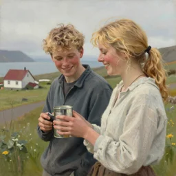 a highly detailed painting of a young couple from the side, holding a tin can, hjalteyri iceland, summer, blonde hair, muted colors, joy, trending on artstation,
