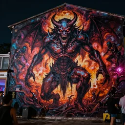 mural of demons in rave party in hell by Chor Boogie