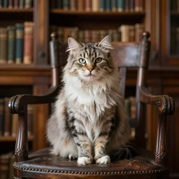 a long haired cat sitting on a chair in a victorian library