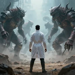 black male scientist knight, fearless, facing rhe monsters of unknown data