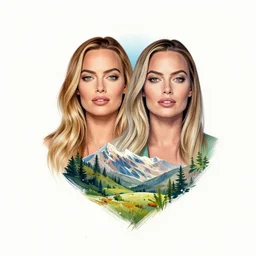 tattoo design sketch of margot robbie and beautiful mountain scenery mash up, in the style of varo tattooer, surrealist, amazing detail, sharp