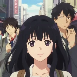 a film still of a happy city girl, finely detailed features, closeup at the faces, perfect art, at an busy city, gapmoe yandere grimdark, ( emerald herald ), trending on pixiv fanbox, painted by greg rutkowski makoto shinkai takashi takeuchi greg rutkowski, alphonse mucha