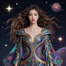 a super realistic young woman, magical, space stars and planets in her hair, windblown, intricate, synth-wave, retrowave, colorful,  highly-detailed, elegant, dramatic lighting, gorgeous face, lifelike, photorealistic face, long luxurious intricate gown, digital painting, artstation,  illustration, concept art, smooth, sharp focus, art by Jude Palencar, John Collier, artgerm, and Albert Aublet and Krenz Cushart and Artem Demura and Alphonse Mucha