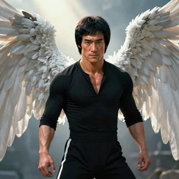 bruce lee as archangel by tsuyoshi nagano, illustration, cinematic lighting, hyperdetailed, 8 k, symmetrical, frostbite 3 engine, cryengine, dof, trending on artstation, digital art, crepuscular ray