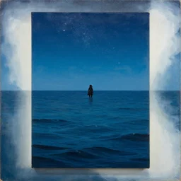 a maserpiece painting of a scene with an endless ocean under starred sky, a small silhouette of a pirate with dreadlocks in the middle, bu greg rutkowski, wlop and ross tran
