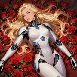 comic book illustration, an android princess lying on a bed of roses, cyberpunk concept art by josan gonzales and Moebius, highly detailed, intricate, sci-fi, sharp focus, Trending on Artstation HQ, deviantart