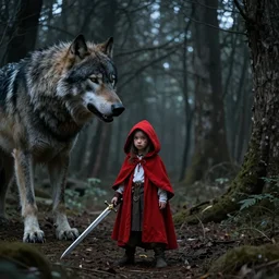 little red riding hood with a scar on her face and sword battling a giant wolf in a dark forest, dark, 4k, artstation, highly rendered, beautiful, high resolution,