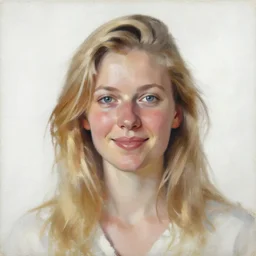 portrait painting of woman from scandinavia, 4 0 years old, blonde hair, daz, occlusion, smiling and looking directly, brushstrokes, white background, art by enki bilal