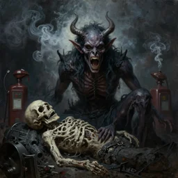 dark smoke demon screams at the dead, detailed oil painting by grant wood, diesel gothic