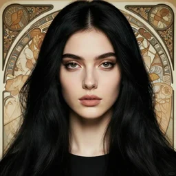 portrait of a tall 4 0 - year - old woman with thin lips, long, lush black hair, and thick eyebrows, wearing in black clothes, hyper realistic face, beautiful eyes, close up, fantasy art, in the style of greg rutkowski, intricate, alphonse mucha, hyper detailed, smooth