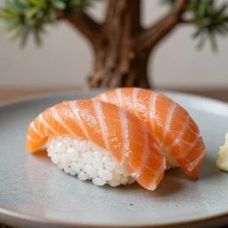 close up of sushi with salmon, served on a grey plate, oak tree in the background, hyperrealistic, extremely high detailed, 8 k,