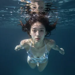 a centered wide shot of an single lonely transparent translucent beautiful female in swimsuit, underwater environment,  omnious , elegant,  reflections, focus, detailed, realistic eyes, horizontal partial symmetry features proportions, intricate facial skin details, award winning, trending in cgsociety artstation deviant art, octane render