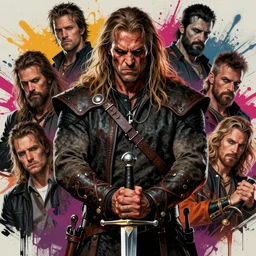 hyper detailed ultra realistic portrait of clancy brown as cruel, ruthless, megalomaniacal, brutal, remorseless savage kurgan highlander holding a sword, movie poster illustration, by artgerm, josan gonzalez, kilian eng, drew struzan, donato giancola, hard edges, graffiti, street art 8 k