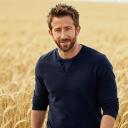 ryan reynolds with hair of wheat field, photorealistic