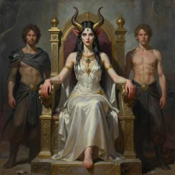 a highly detailed painting of a female fantasy demon priestess sitting on a throne, art by artgerm, karol bak and mark brooks, centered, symmetrical, aesthetically pleasing