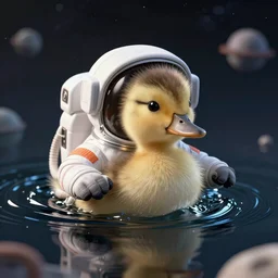 A little duckling floating in space with an astronaut suit, 4k, photograph, photoreal, realistic, highly detailed, epic lighting, awar winning