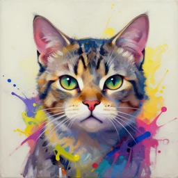 cyberpunk cat portrait oil painting splashes with many colors and shapes by gustav klimt greg rutkowski and alphonse mucha, polycount, generative art, psychedelic, fractalism, glitch art