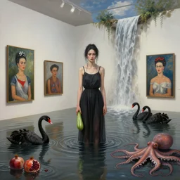 realistic painting of a flooded modern art gallery and a tall emo girl, holding a courgette, paintings on walls, floodwaters with squid ink, trans flag, pomegranates, waterfall from the wall, black swans, octopus, sensual, puddles, zen, surrealist, by magritte and kahlo and monet