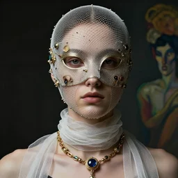 a futuristic portrait covered by mask made of wires and nets, necklace made by gauzes twisted around neck, design by leonardo davinci, inspired by egon schiele, modern art, baroque art jewelry, new classic, fashion design, photorealistic, hyper realistic, gothic details, cinematic composition, cinematic lighting, fashion design, concept art, 8 k