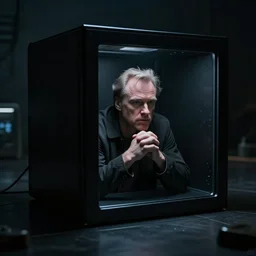 an artificial intelligence trapped in a black box, sci-fi, dramatic light, unreal engine, 8K, scene from christopher nolan's movie