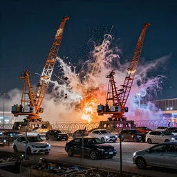 of automobiles contained by barbwire fencing , huge machine cranes ,feedback loop , burst of powders ,volumetric lighting, twisting vapour, bellowing dust , emerging seascape and beautiful nighttime , full colour , upscale , 4k