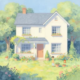 a beautiful house in a garden, brian froud, yoshitaka amano, kim keever, victo ngai, james jean. pastel colors