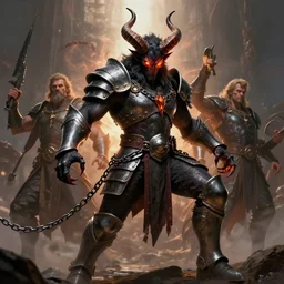 dynamic fullbody portrait of a powerful black demon, long horns, fiery eyes, claws, heavy iron armor and chains, by greg rutkowski and gaston bussiere and craig mullins and j. c. leyendecker, volumetric lighting, hd