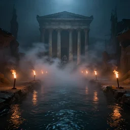 the greek underworld, river, fog, smoke, torches, accent lighting, dramatic, by wlop, feng zhu, artgerm, artstation, ayami kojima, 1 6 k, wide angle