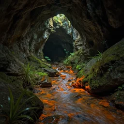 inside of a dark cave, small water stream, orange minerals, vegetation, fantasy, highly detailed, art by greg rutkowski