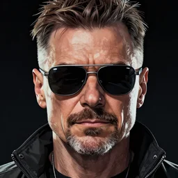 hyper detailed comic illustration of a cyberpunk Walter White wearing a futuristic sunglasses and a gorpcore jacket, markings on his face, by Eng Kilian, intricate details, vibrant, solid background, tall angle