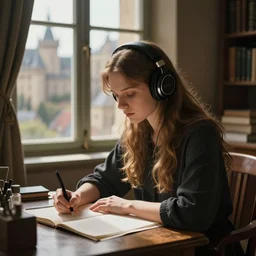 young witch with headphones doing homework at a desk next to a window with a medieval city outside, digital art