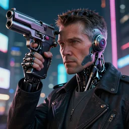 an advanced cyborg with an advanced pistol for a head, syd mead ralph mcquarrie style, 8 k, hdr, octane render, volumetric lighting, highly detailed, beautiful, trending on artstation, neo tokyo at night background