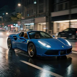 blue 2016 Ferrari 488 Spider Sports car driving through the city at night on a rainy day, film still, cinestill 800t, bokeh, DoF
