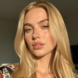 head shot photo of a olive skinned blonde female model in her twenties, silky straight hair, wearing a designer top, looking content, photo realistic, extreme detail skin, natural beauty, no filter, slr, golden hour, 4 k, high definition, selfie