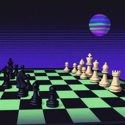 surreal chess, 80s style synthwave, matte colors, digital art
