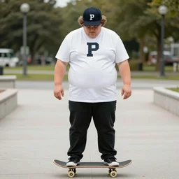 very obese man with a t-shirt and cap with the letter P, skateboarding