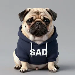 a sad pug wearing a hoodie, ( sad ) is typed on the hoodie in upper case letters, digital art, synthwave style, trending on artstation, matte painting
