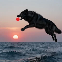 huge black fenrir wolf with many long paws in a jump, flying over the horizon, mouth open, biting the little red sun in his teeth, over the expanses of the raging sea, – h 6 4 0 – 1 0 2 4 – c 1 0. 0 – n 4 – i – s