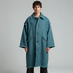 an award - winning photo of a male model wearing a cropped baggy teal distressed medieval menswear coat by issey miyake, 4 k, studio lighting, wide angle lens