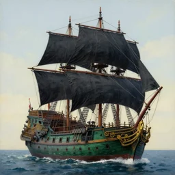 pirate ship galleon dark green hull, pitch black sails, beautiful photorealistic painting