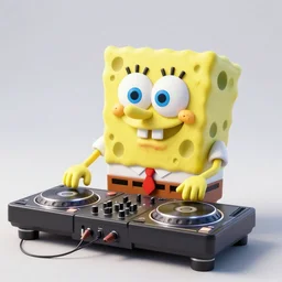 3d rendered realistic tired drunk spongebob DJing with DJ turntables, unreal