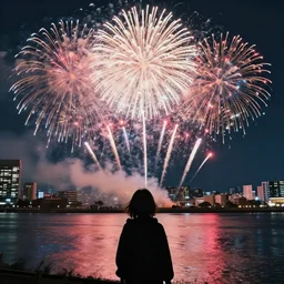 firework festival at river bank, black hoodie girl from behind on the bottom, by kyoto animation, insanely detailed. instagram photo, kodak portra. by wlop, ilya kuvshinov, krenz cushart, greg rutkowski, pixiv. zbrush sculpt, octane, maya, houdini, vfx. huge cityscape. cinematic dramatic atmosphere, sharp focus, volumetric lighting